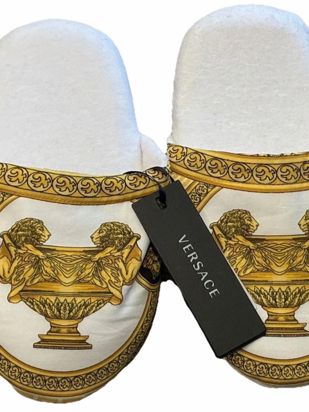 Versace White & Gold Baroque Slip-On Slippers with Medusa Urn Motif